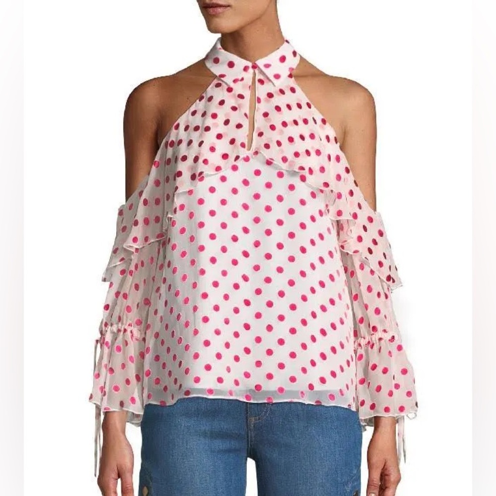 Alice + Olivia Blayne Cold Shoulder Ruffle Blouse Sz S Pink Polka Dot